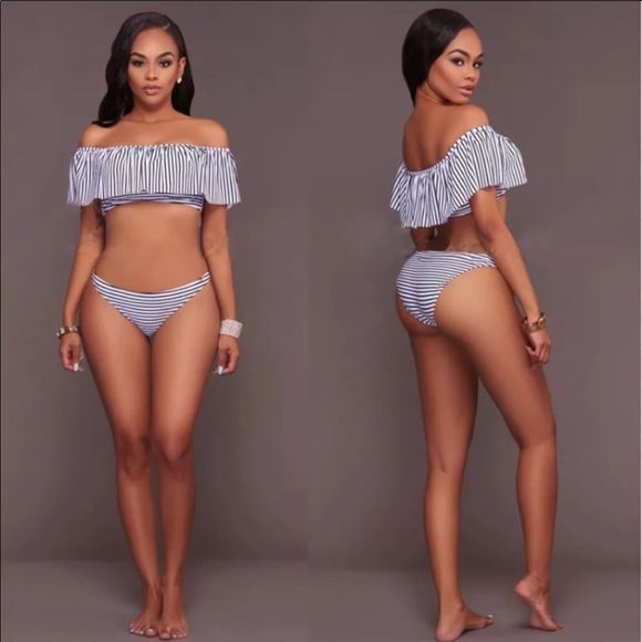 off Shoulder Striped Bikini - Picture 2 of 5